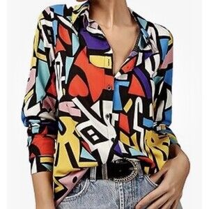Big Dart Retro Pop Art Long Sleeve Blouse Abstract Print Top Size US 6 90s Y2K